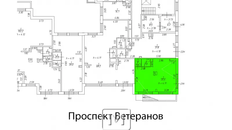 Продажа 38,8 м2, окна на фасад 99. План объекта